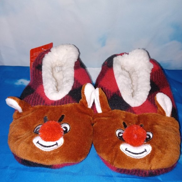 Rudolph the Red-Nosed Reindeer Sherpa Flannel Slippers Snuggle Toes Kid M/L 13-4 - Picture 2 of 6